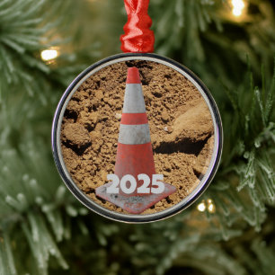 Orange and White Construction Cone, Dirt,  Metal Ornament