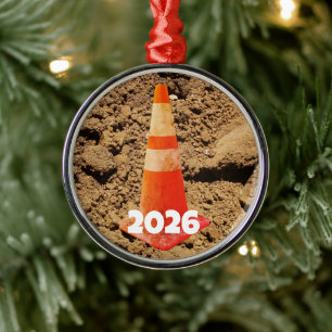 Orange and White Construction Cone, Dirt, Metal Ornament