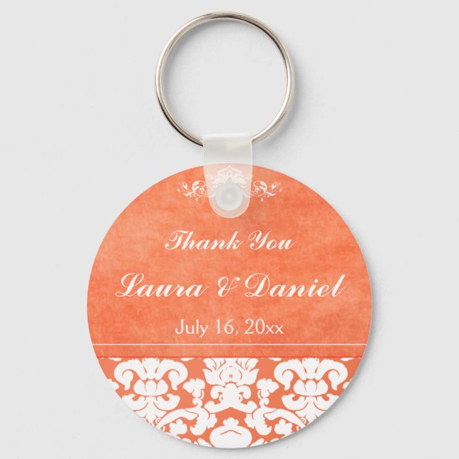 Orange and White Damask Wedding Favour Keychain (Front)