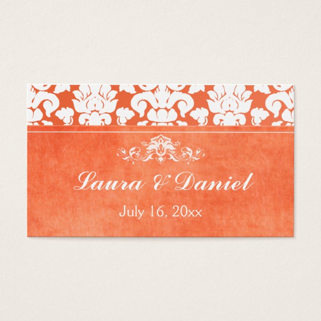 Orange and White Damask Wedding Favour Tag (Front)