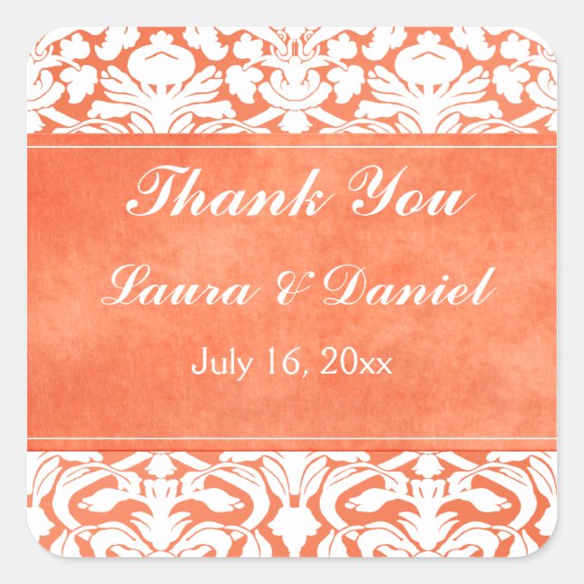Orange and White Damask Wedding Sticker (Front)