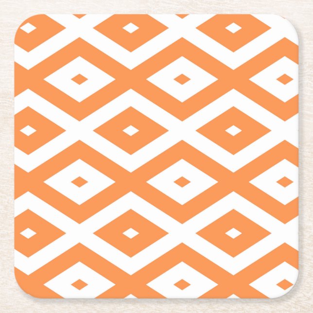 Orange and white diamond pattern square paper coaster (Front)