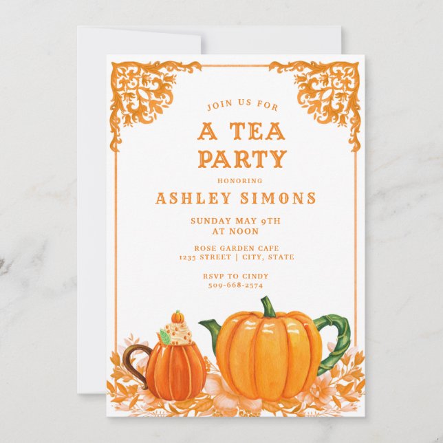 Orange and White Fall Pumpkin Tea Party Invitation (Front)