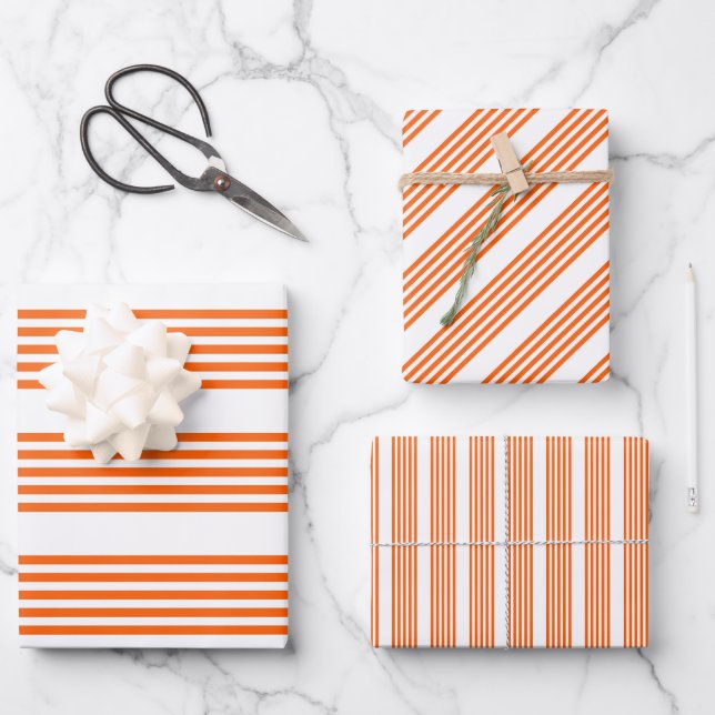 Orange and white five stripes pattern wrapping paper sheet (Front)