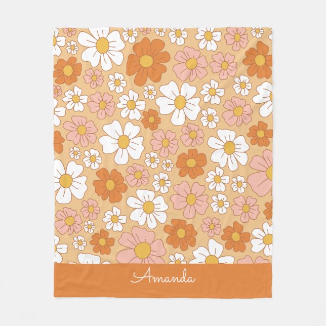 Orange and White Floral  Fleece Blanket (Front)