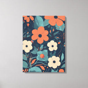 Orange and White Floral Pattern on Navy Blue Backg Canvas Print