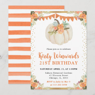 Orange and White Floral Pumpkin Fall 21st Birthday Invitation