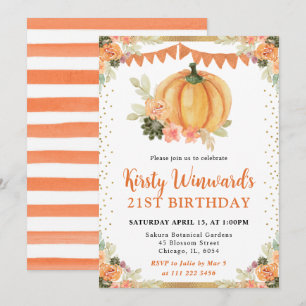 Orange and White Floral Pumpkin Fall 21st Birthday Invitation