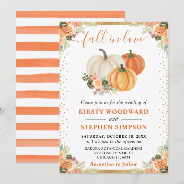 Orange and White Floral Pumpkins Fall Wedding Invitation (Front/Back)