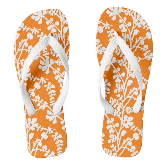 Orange And White Floral Repeating Pattern Flip Flops (Footbed)