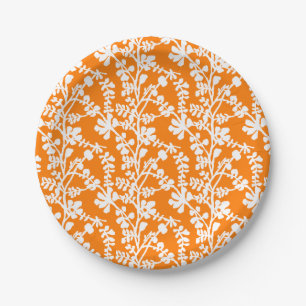 Orange And White Floral Repeating Pattern Paper Plate