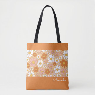 Orange and White Floral Tote Bag