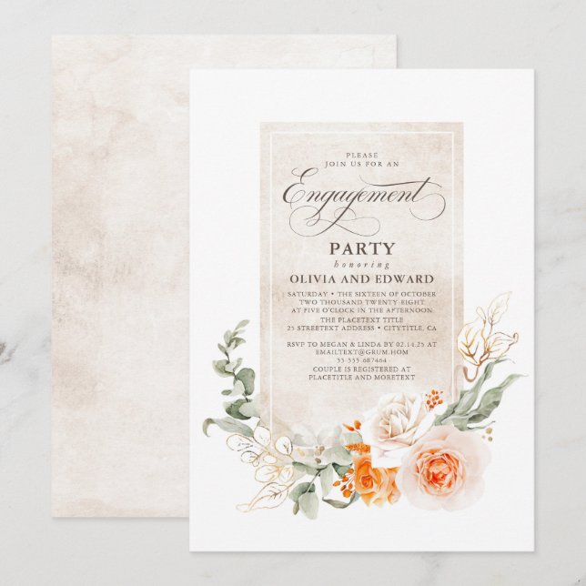 Orange and White Flowers Elegant Engagement Party Invitation (Front/Back)