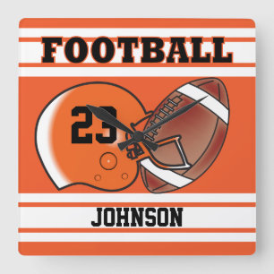 Orange and White Football Sport   Personalize Square Wall Clock