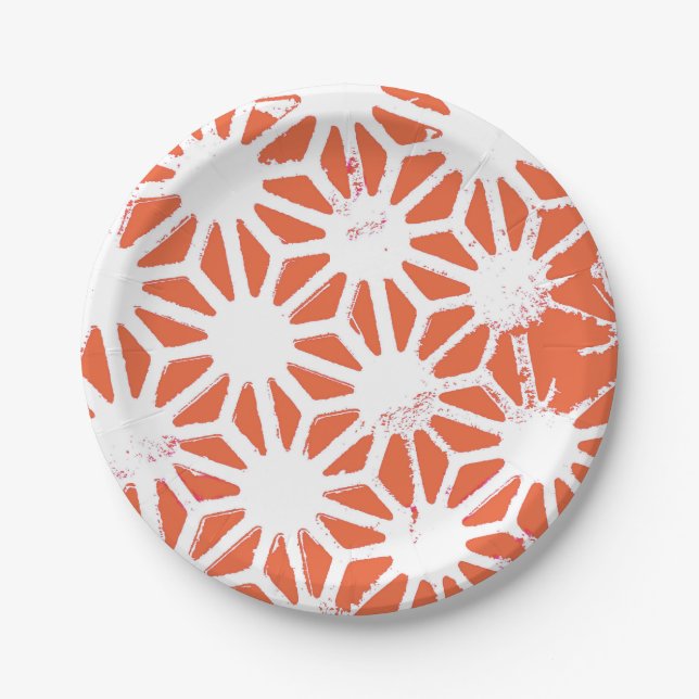 Orange and white geometric pattern paper plate (Front)