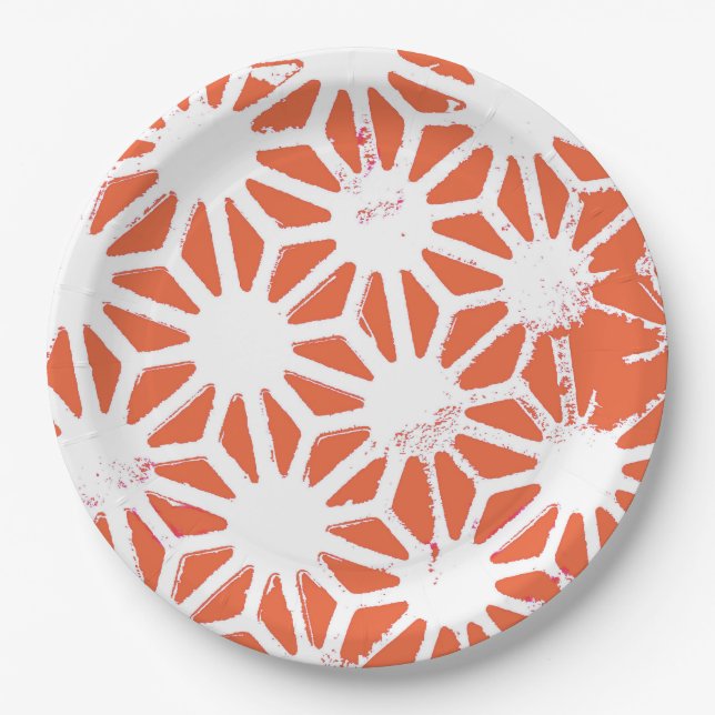 Orange and white geometric pattern paper plate (Front)