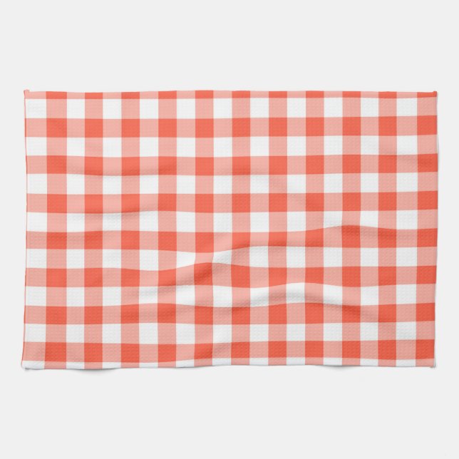 Orange And White Gingham Check Pattern Kitchen Towel (Horizontal)