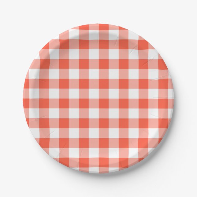 Orange And White Gingham Check Pattern Paper Plate (Front)