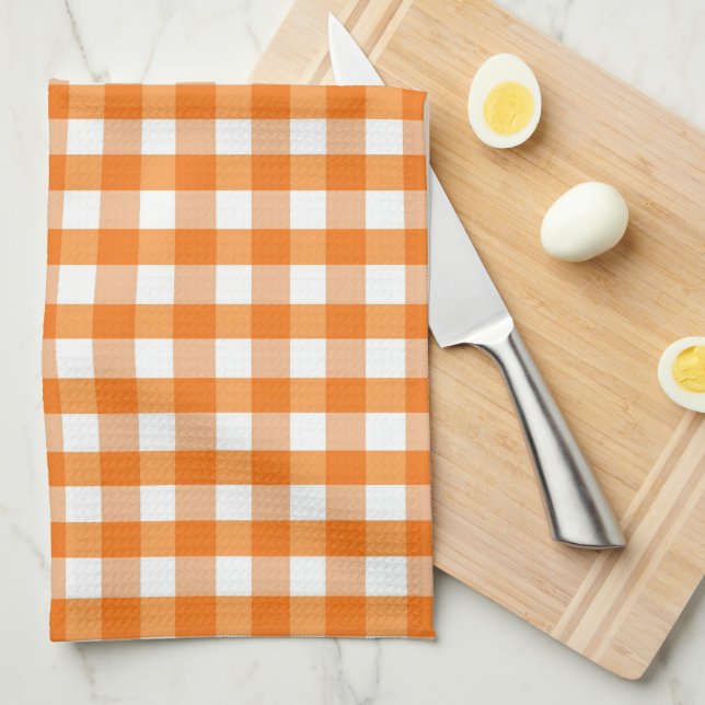 Orange and White Gingham Chequered Halloween  Kitchen Towel (Quarter Fold)