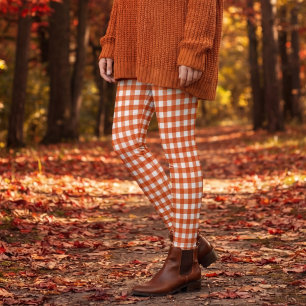 Orange and White Gingham Plaid Check Leggings
