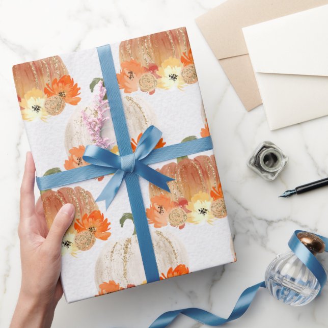 Orange and White Glittery Pumpkins Wrapping Paper (Gifting)