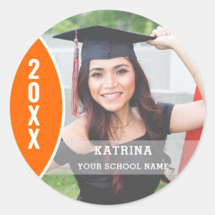 Orange and White Graduation Photo Custom Classic Round Sticker