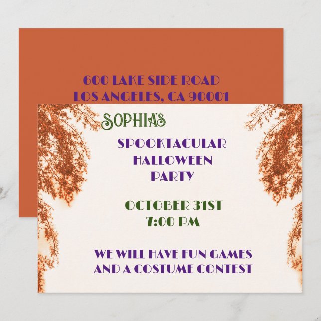 Orange and White Halloween Gothic Tree  Invitation (Front/Back)