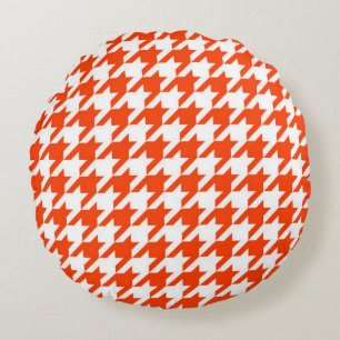 Orange and White Houndstooth Check Round Pillow