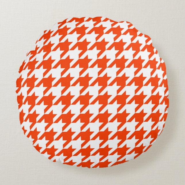 Orange and White Houndstooth Check Round Pillow (Front)