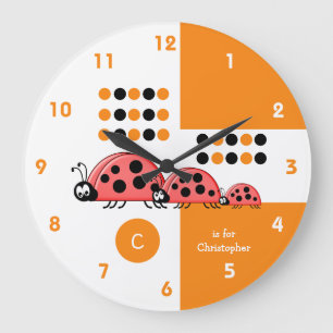 Orange and white kids ladybirds with name large clock