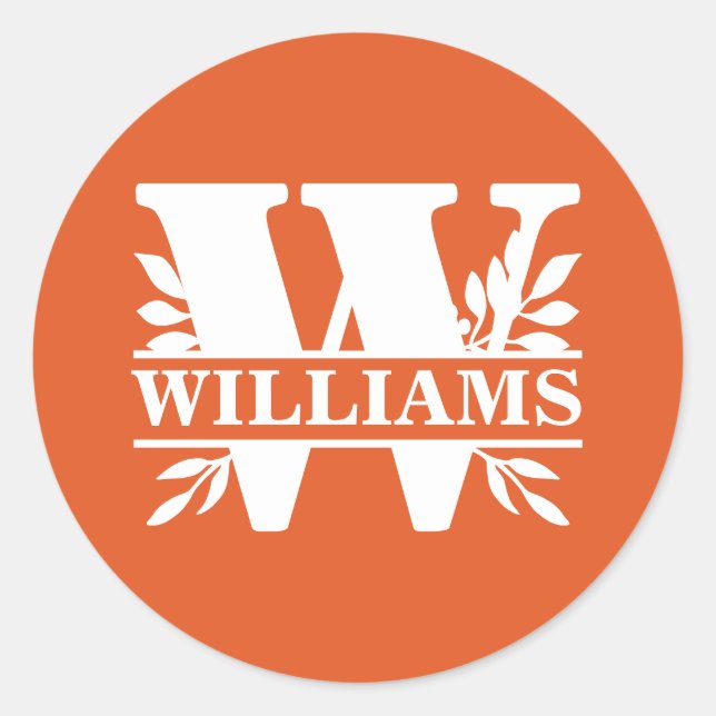 Orange and White Leaves Split Monogram W Classic Round Sticker (Front)