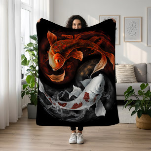 Orange And White Lucky Koi Fish Japan Art Fleece Blanket