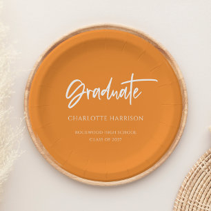 Orange and White Modern Script Graduation Party Paper Plate