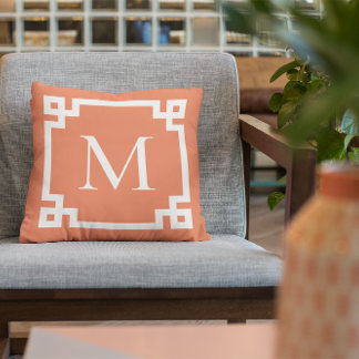 Orange and White Monogram Greek Key Border Throw Pillow