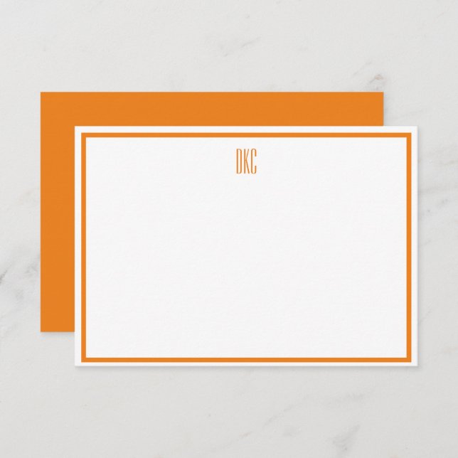 Orange and White Monogrammed Flat Note Card (Front/Back)