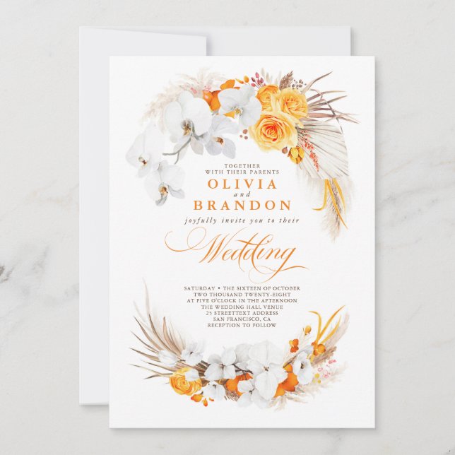 Orange and White Orchids Flowers Boho Wedding Invitation (Front)
