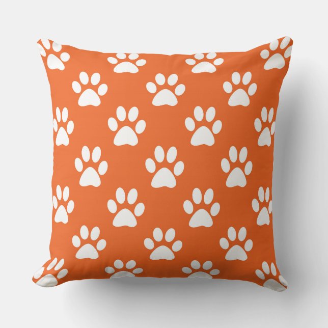 Orange and white paw prints throw pillow (Front)