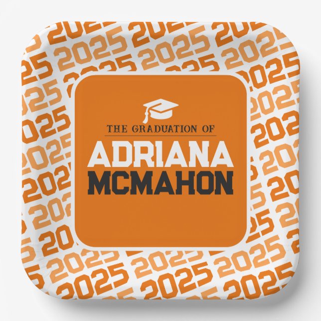 Orange and White Personalized Graduation Paper Plate (Front)