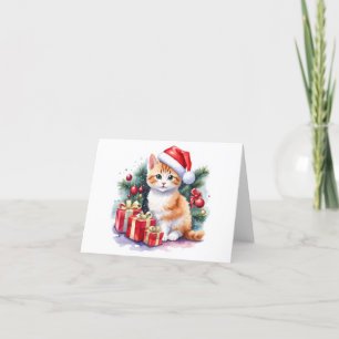Orange and White Santa Kitten with Presents BLANK Holiday Card