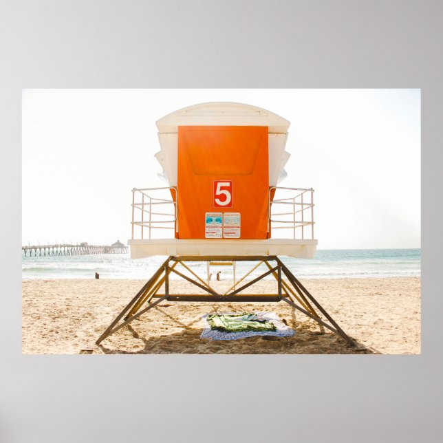 Orange and white shed in front of shore poster (Front)