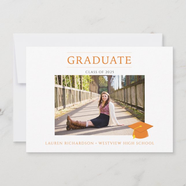 Orange and White Simple Photo Graduation Party Invitation (Front)