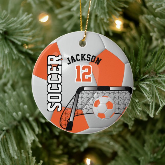 Orange and White Soccer Ball Ceramic Ornament (Tree)