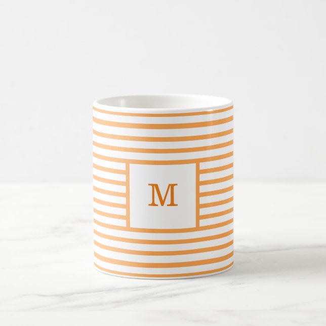 Orange and White Stripes Custom Monogram Coffee Mug (Center)