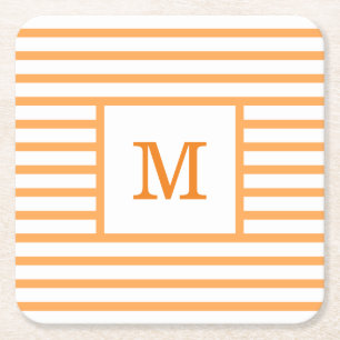 Orange and White Stripes Custom Monogram Square Paper Coaster