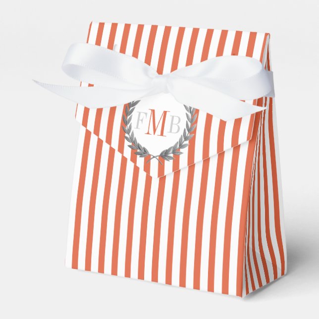 Orange and white stripes monogram wedding favor box (Front Side)