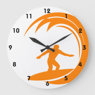 Orange and White Surfing Large Clock