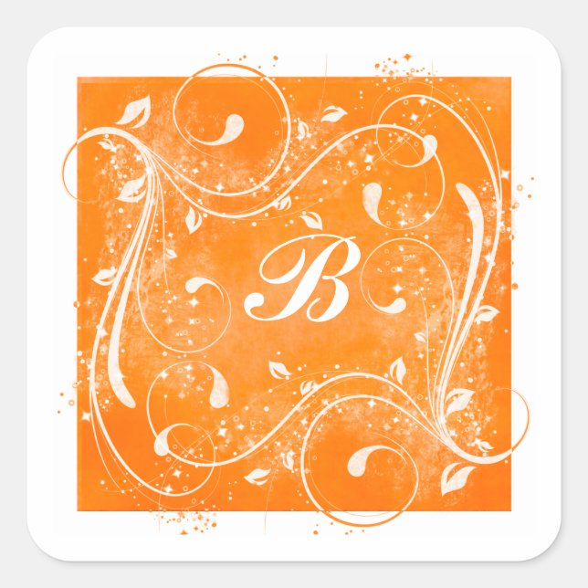 Orange and White Swirls 1.5" Monogrammed Sticker (Front)