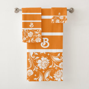 Orange and white vintage damasks monogram bath towel set