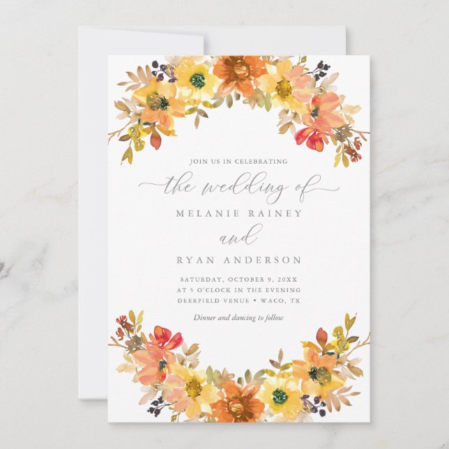 Orange and Yellow Fall Floral Greenery Wedding Invitation (Front)