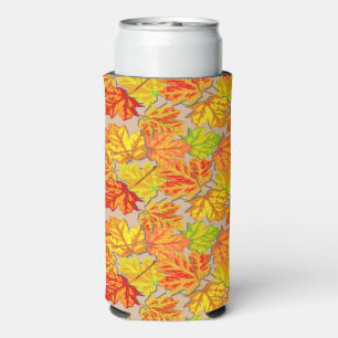 Orange and yellow leaves on pink seltzer can cooler